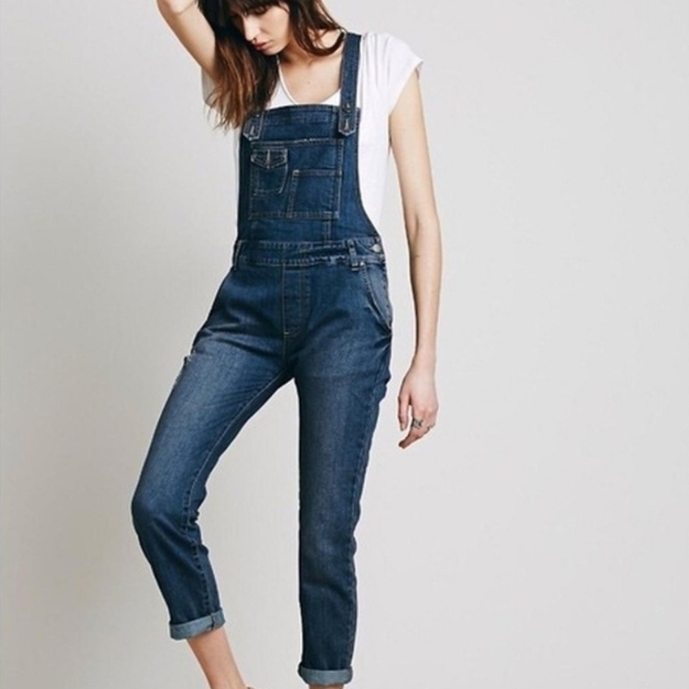 Free People Denim Bib Overalls Size 26 Distressed Blue Jean Utility Style Boho‎